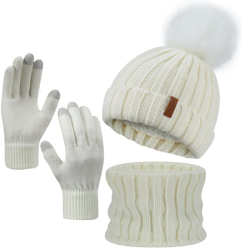 The Latest Fall and Winter Goodies for 2024,Winter Beanie Hat Scarf Gloves, Warm Fleece Knit Winter Hats Touch Screen Gloves Neck Scarf Set Winter Gifts for Women